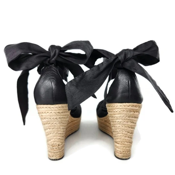 UGG Lucianna Black Ribbon Ankle Wrap Tie Peep-Toe Braid Jute Wedge Heel Sandals - Picture 3 of 11